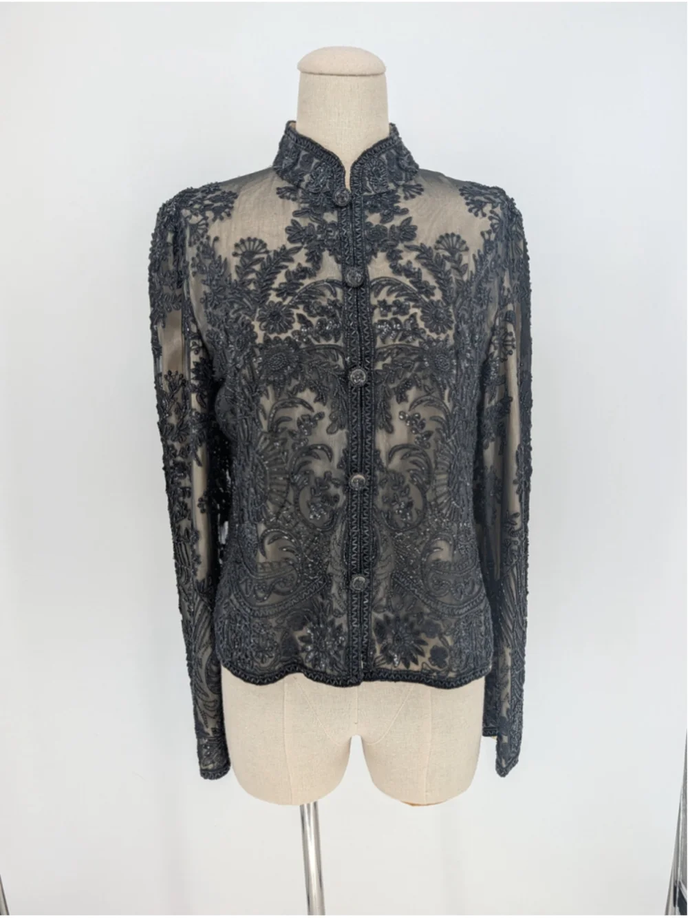 Vintage Adrianna Papell Evening Black Beaded Silk Jacket 90s Size L Y2K Formal - Picture 2 of 16